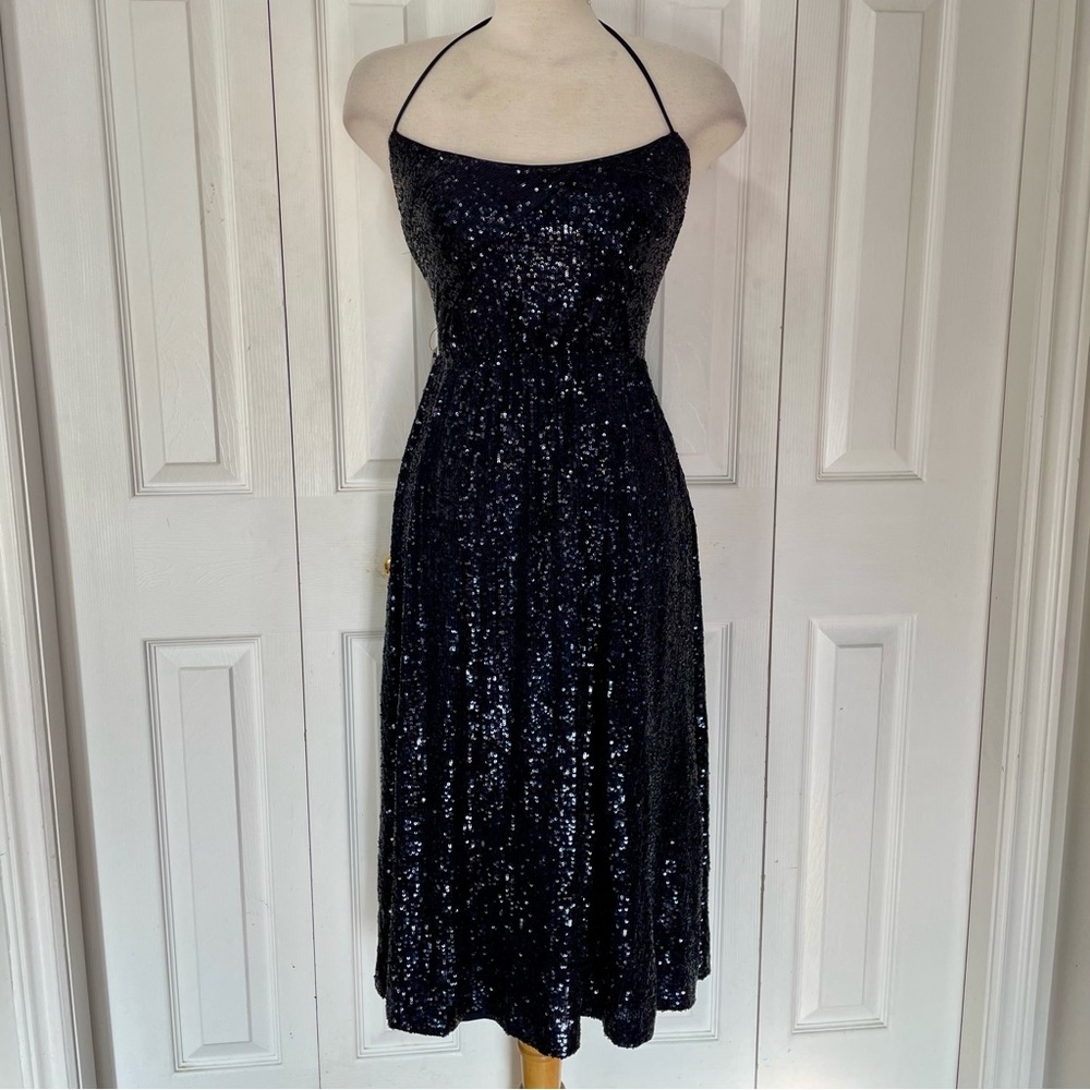 NWT Express Strapless Halter Top Navy Sequin Dress